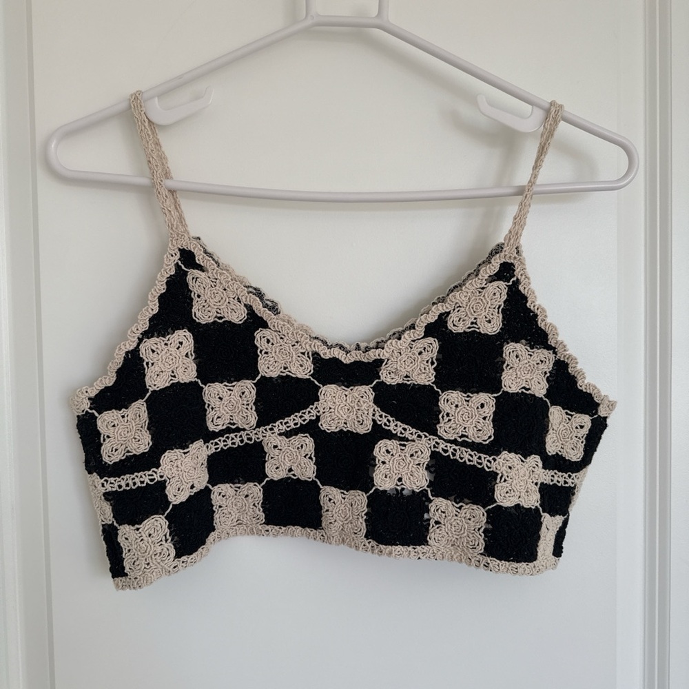 Forever 21 Black & Cream Crochet Checker Tank